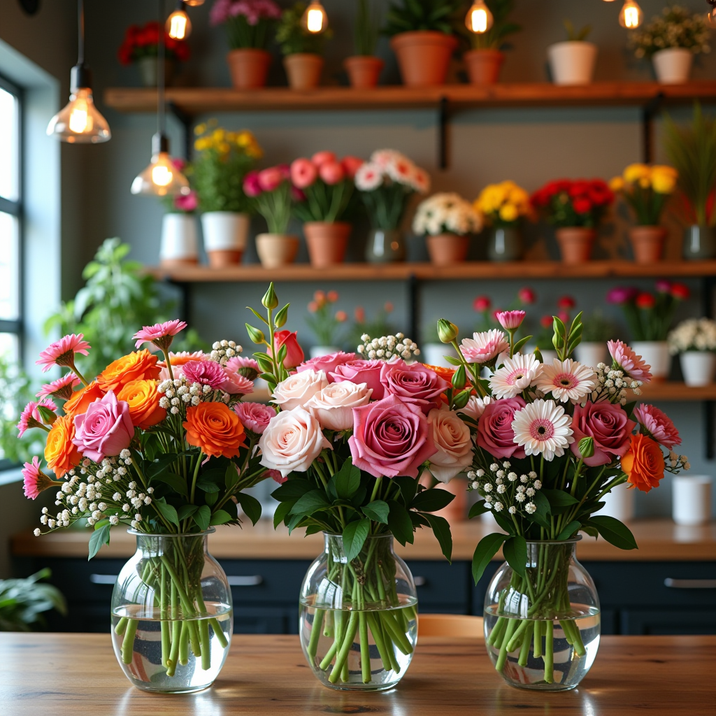 Einladender Blumenladen mit frischen saisonalen Blumen in eleganten Vasen, warme Beleuchtung, rustikale Holzregale mit bunten Blumensträußen, freundliche Atmosphäre, professionelle Floristik-Werkstatt im Hintergrund
