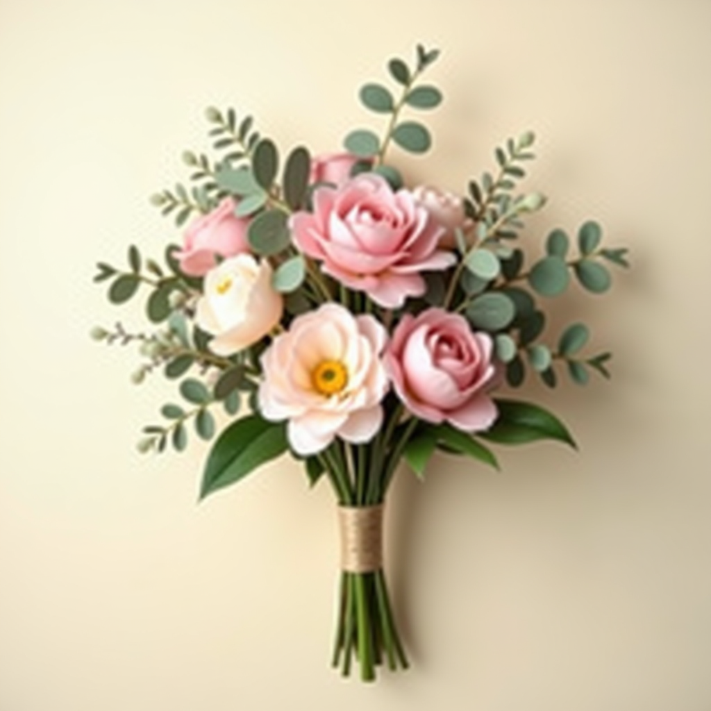 Wunderschöner handgebundener Blumenstrauß mit saisonalen Blumen in zarten Pastelltönen, frisch arrangiert mit Rosen, Pfingstrosen und Eukalyptus, professionell fotografiert auf cremefarbenem Hintergrund