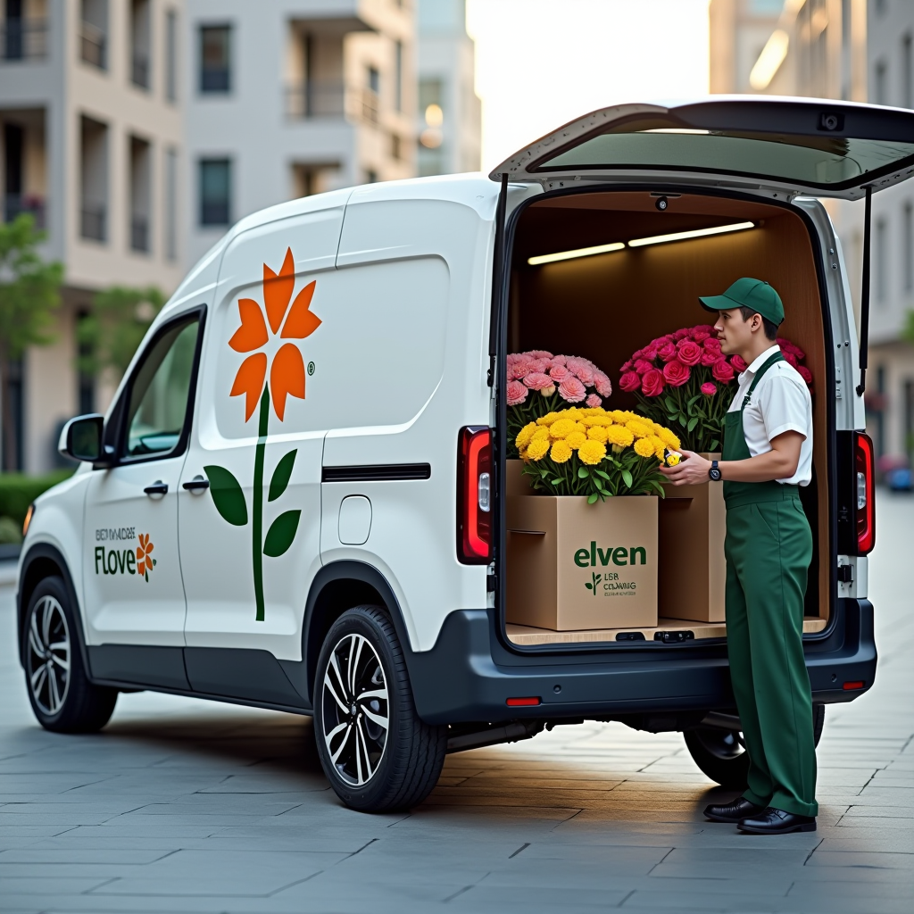 Moderner Elektro-Lieferwagen mit Blumenlogo vor einem urbanen Hintergrund, beladen mit frischen Blumensträußen in umweltfreundlichen Verpackungen, Fahrer in grüner Uniform lädt nachhaltige Blumenboxen aus