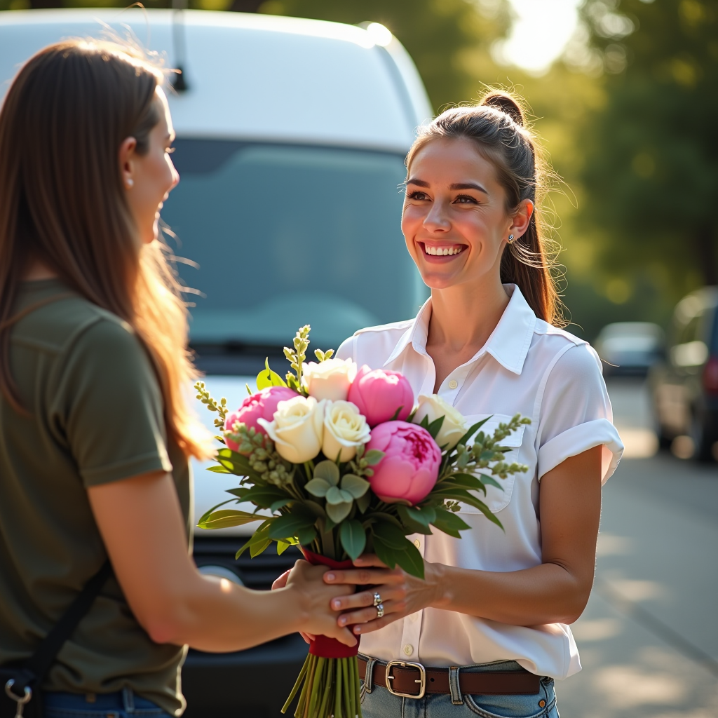Professioneller Kurier übergibt einen frischen, kunstvoll gebundenen Blumenstrauß mit rosa Pfingstrosen, weißen Rosen und grünem Eukalyptus an eine lächelnde Kundin vor ihrer Haustür, Lieferwagen im Hintergrund, sonniger Tag