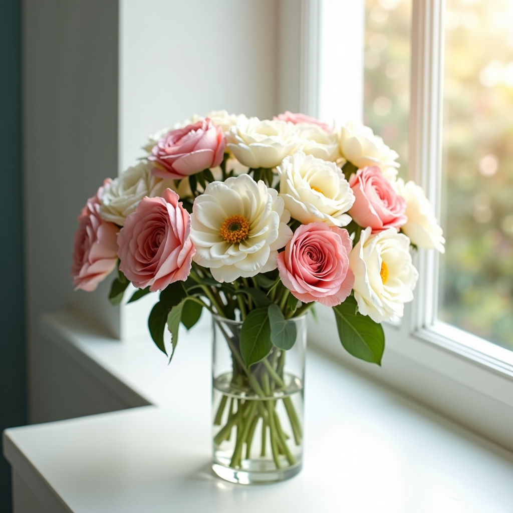 Wunderschönes saisonales Blumenarrangement mit frischen Frühlingsblumen in sanften Pastelltönen, arrangiert in einer eleganten Vase, umgeben von natürlichem Licht