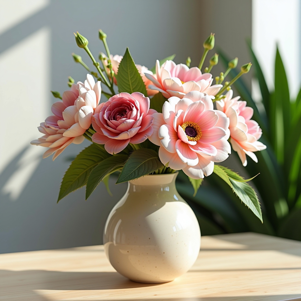 Elegantes Blumenarrangement mit frischen saisonalen Blumen in einer stilvollen Vase auf einem hellen Holztisch, umgeben von natürlichem Licht und grünen Pflanzen im Hintergrund