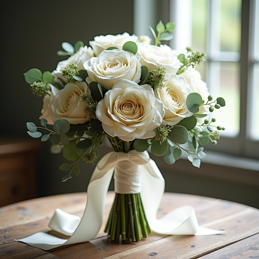 Eleganter Brautstrauß aus weißen Rosen, Pfingstrosen und grünem Eukalyptus, kunstvoll gebunden mit Seidenband, auf rustikalem Holztisch arrangiert mit sanftem natürlichem Licht
