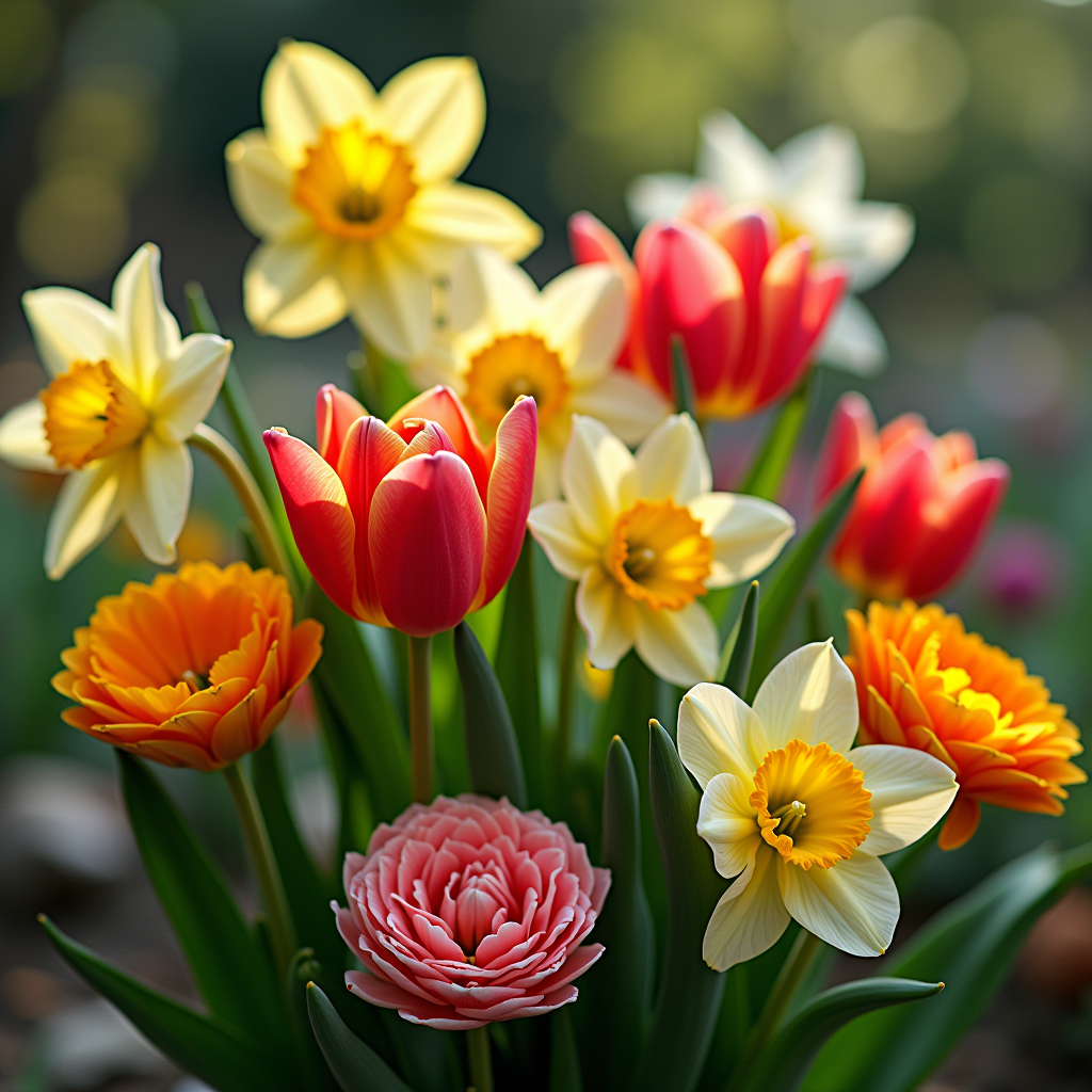 Wunderschönes saisonales Blumenarrangement mit Frühlingsblumen wie Tulpen, Narzissen und Ranunkeln in natürlicher Umgebung, regionale Gärtnerei-Atmosphäre