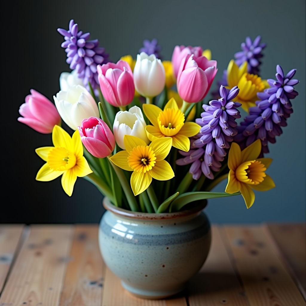 Farbenfrohe Frühlingsblumen-Arrangement mit rosa und gelben Tulpen, weißen Narzissen und violetten Hyazinthen in einer rustikalen Vase auf einem Holztisch