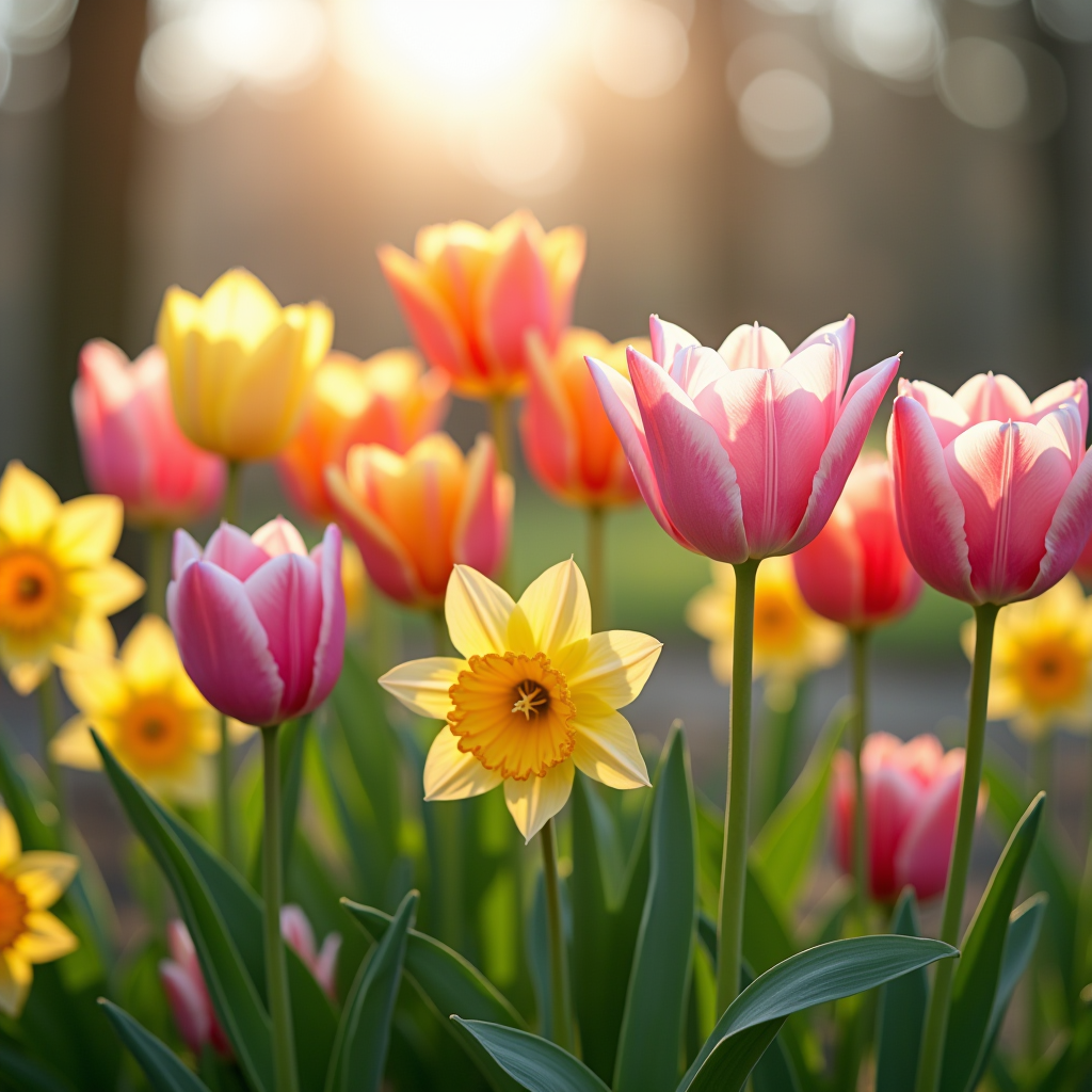 Farbenfrohe Frühlingsblumen in voller Blüte - Tulpen, Narzissen und Ranunkeln in sanften Pastelltönen arrangiert in einer natürlichen Gartenumgebung mit Morgenlicht