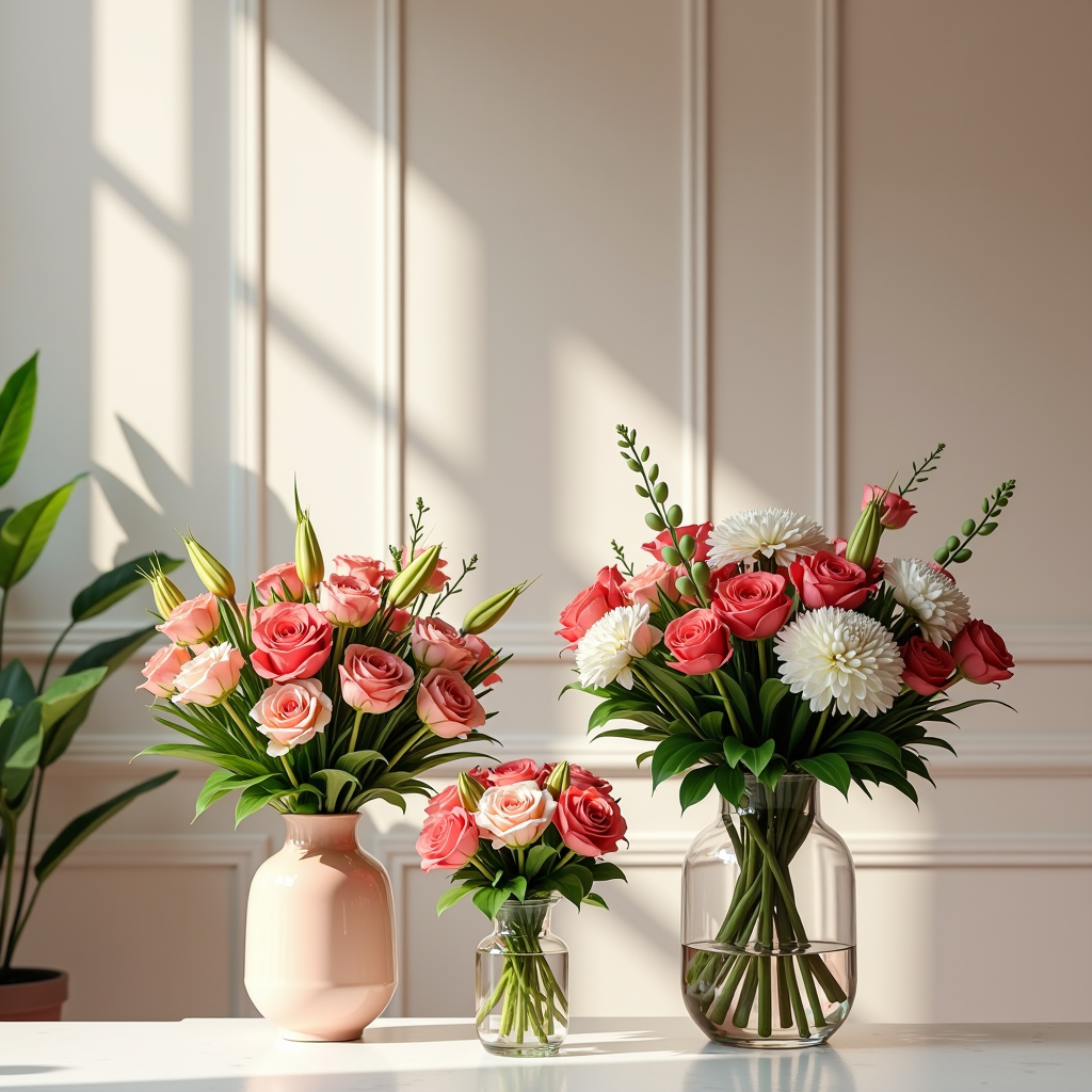 Elegantes Blumen-Abonnement-Konzept mit wöchentlich wechselnden frischen Blumensträußen in stilvollen Vasen, moderne Wohnatmosphäre mit regelmäßiger Blumenlieferung