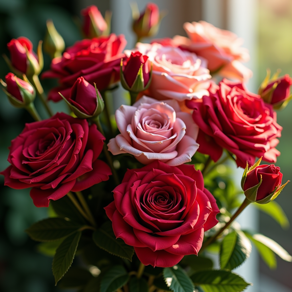 Üppiger Strauß roter und rosa Rosen in verschiedenen Blühstadien, umgeben von grünem Laub, in warmem Sonnenlicht fotografiert