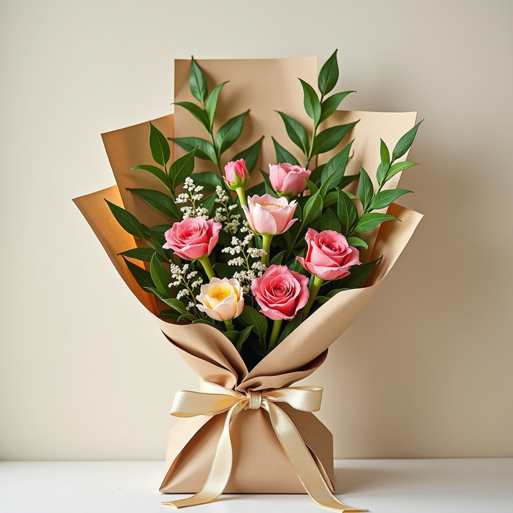 Umweltfreundliche Blumenverpackung mit recycelten Materialien, plastikfreiem Papier und natürlichen Bindematerialien, Blumenstrauß in nachhaltiger Verpackung mit grünen Blättern und Erdtönen