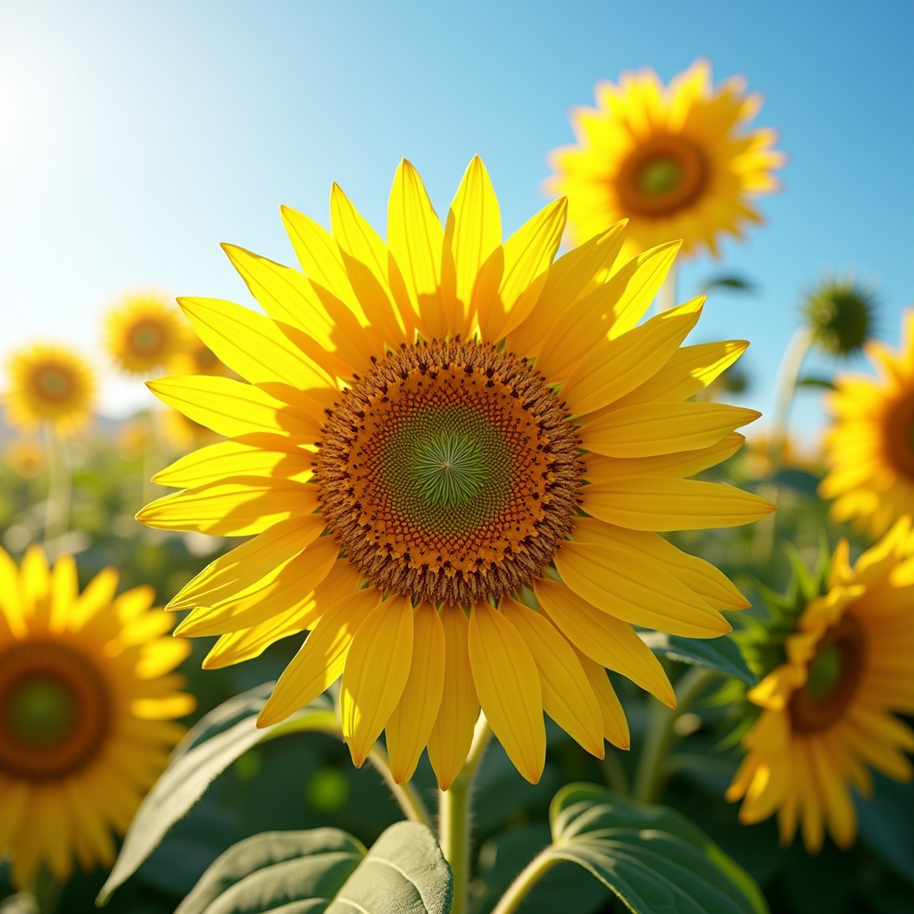 Strahlende gelbe Sonnenblumen mit großen Blütenköpfen vor blauem Himmel, symbolisieren Sommer und Wärme