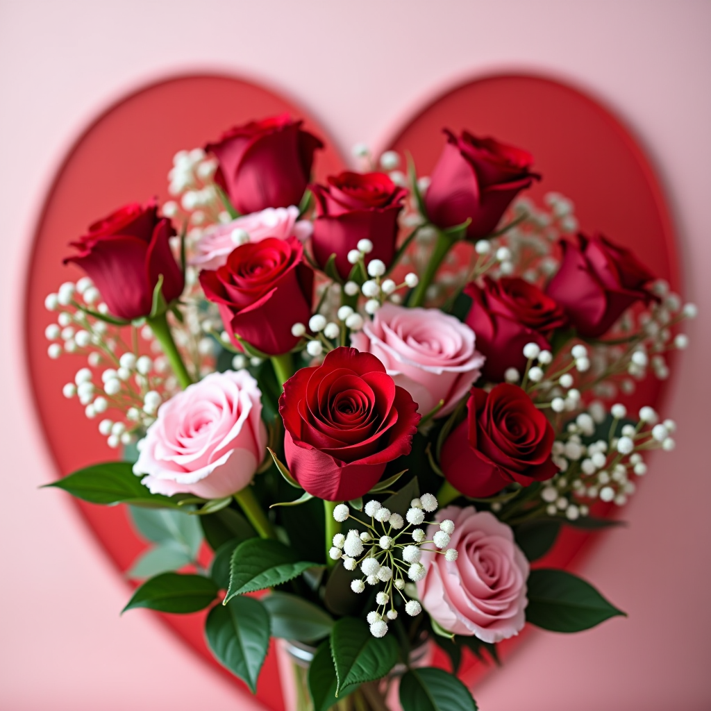 Romantisches Arrangement roter Rosen und rosa Pfingstrosen für Valentinstag, elegant arrangiert mit Schleierkraut und grünen Akzenten, herzförmige Dekoration im Hintergrund