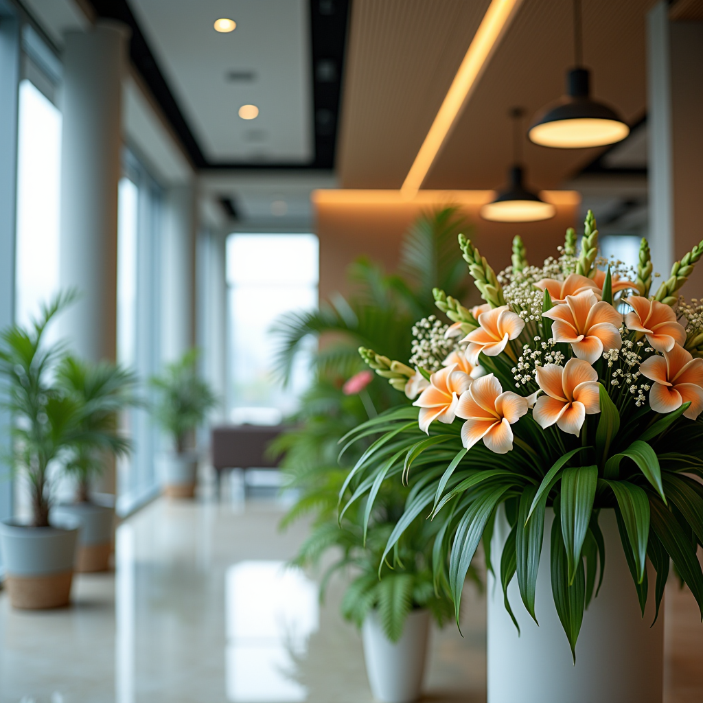 Professionelle Bürobegrünung mit stilvollen Blumenarrangements im modernen Empfangsbereich, elegante Geschäftsblumen für Firmenveranstaltungen und Corporate Events
