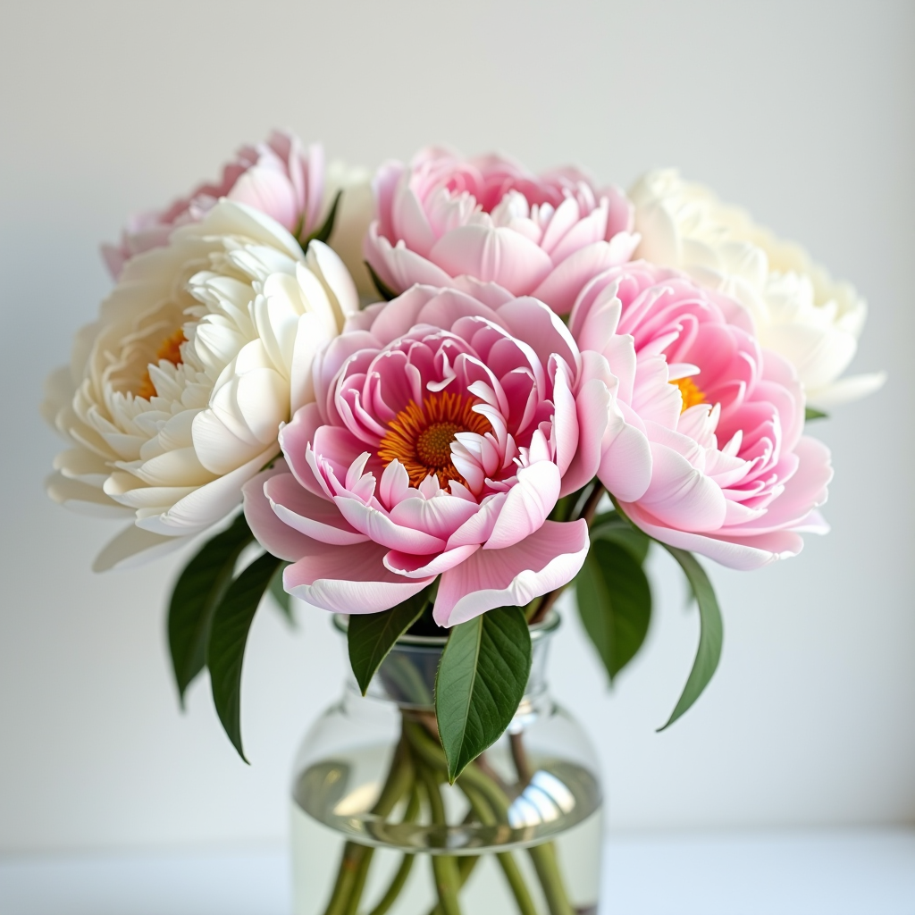 Zarte rosa und weiße Pfingstrosen mit üppigen, gefüllten Blüten und zartem Duft, arrangiert in einer eleganten Glasvase