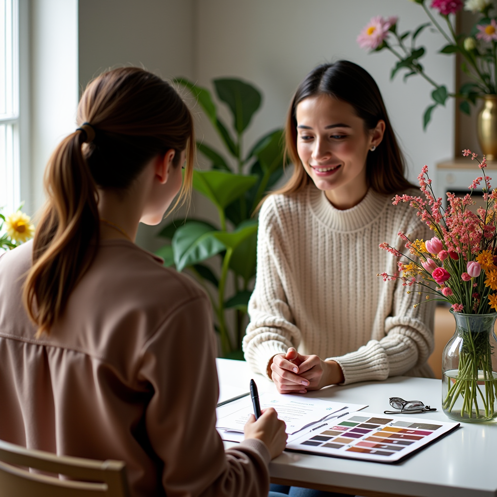 Persönliche Blumenberatung mit erfahrenem Floristen, individuelle Gestaltungskonzepte, Farbmuster und Blumenauswahl in gemütlicher Beratungsatmosphäre