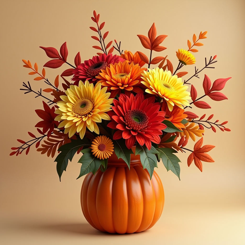 Herbstliches Blumenarrangement in warmen Orange-, Rot- und Gelbtönen mit Chrysanthemen, Dahlien und dekorativen Herbstblättern in einer Kürbis-Vase