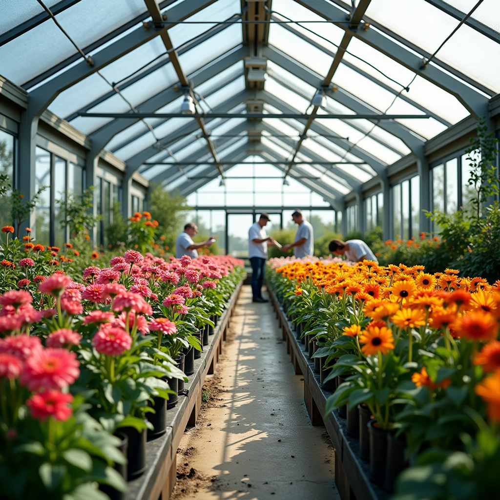 Modernes Gewächshaus einer regionalen Gärtnerei mit Reihen bunter Blumen, Gärtner bei der Pflege der Pflanzen, natürliches Licht durch Glasdach